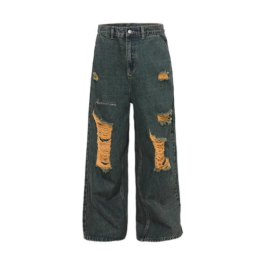 BJHG不计后果直筒牛仔裤美式复古水洗做旧破洞宽松阔腿裤 商品图1