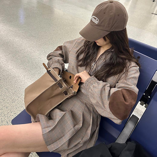 美式复古咖格纹夹克外套百褶半裙套装W3034/K3035拼接 商品图1