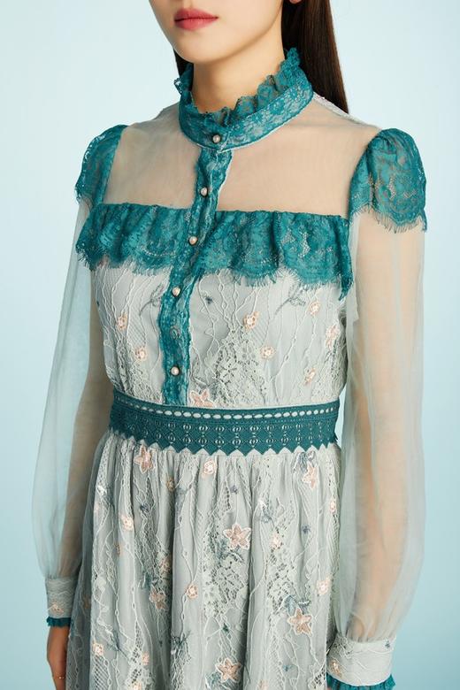 ELLA JADE 绿色花边刺绣蕾丝收腰连衣裙 11424 商品图3