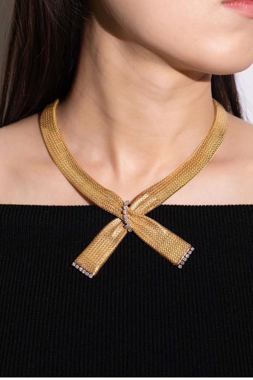 独角鹿西洋古董 1960年代法国出品18K黄金及铂金镶嵌钻石编织纹理缎带造型项链 商品图1