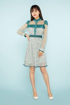 ELLA JADE 绿色花边刺绣蕾丝收腰连衣裙 11424