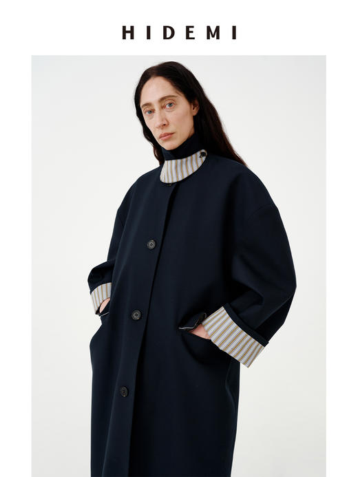 HIDEMI 经典复古廓形设计感羊毛条纹翻边飘领设计感长款风衣外套 商品图6