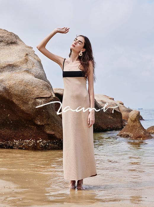 ZAANLI｜ZN50003 沙色/ 雾黑 修身羊毛混纺拼色针织连衣裙 商品图11