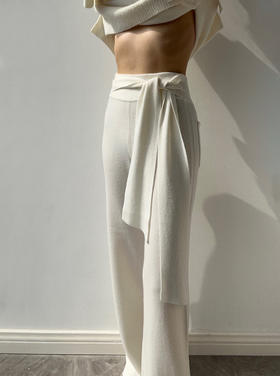 ZAANLI｜ZN40007 既白色 飘带羊绒羊毛针织长裤