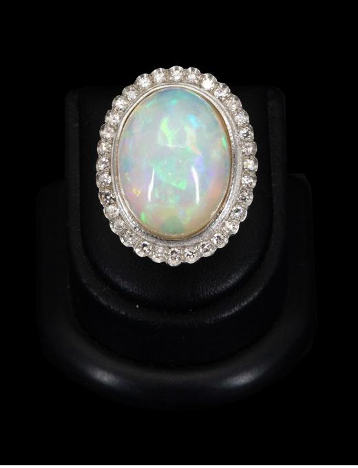 独角鹿西洋古董 1950年代法国出品18K黄金镶嵌欧泊石及钻石戒指 商品图0