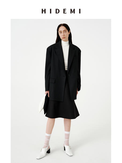 HIDEMI 银线细条纹极简大廓形垫肩大宽肩男朋友卷边西装 商品图7