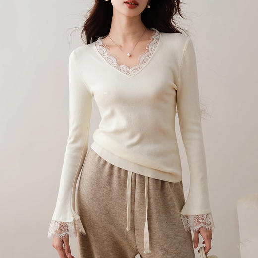 avann 阿曼衣蕾丝V领针织拼接打底衫 优雅气质 通勤穿搭 多色可选11104 商品图2