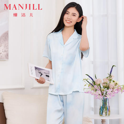 【商场同款】熳洁儿 缎面绸家居服春夏新款短袖女士开衫短袖长裤25203109 商品图0