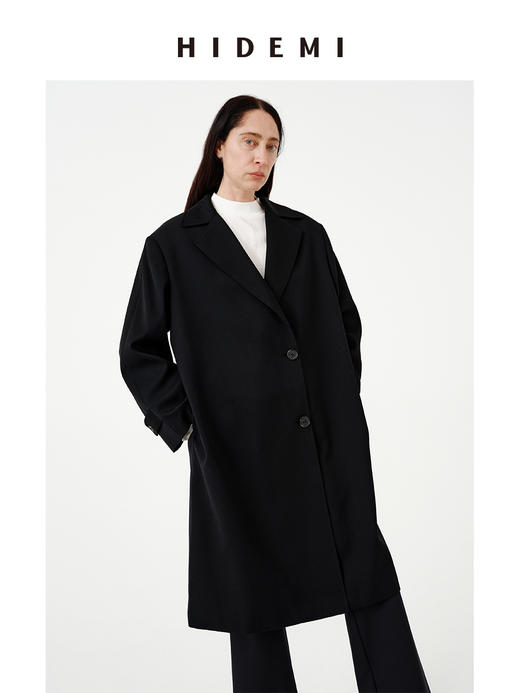 HIDEMI 甄选斜纹精纺高克重全羊毛复古廓形极简翻领式长款西装风衣 商品图4