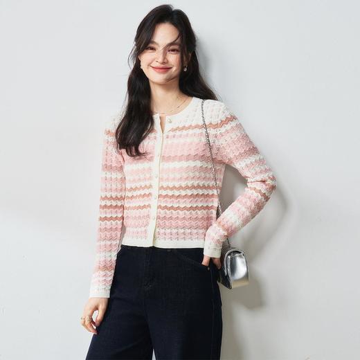 【高货sh】全新升级【铂金会员220/天猫289/差价69】(11840) 洛诗琳25春夏水波纹撞色纹针织拼色镂空时尚温柔针织开衫 商品图2