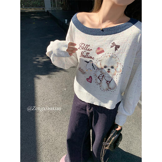 <曾小咸推荐>3.16现货秒杀 ！微信超特价！韩系小狗印花露肩针织衫 日常149.99 立减60 秒杀89.99！！ 商品图2