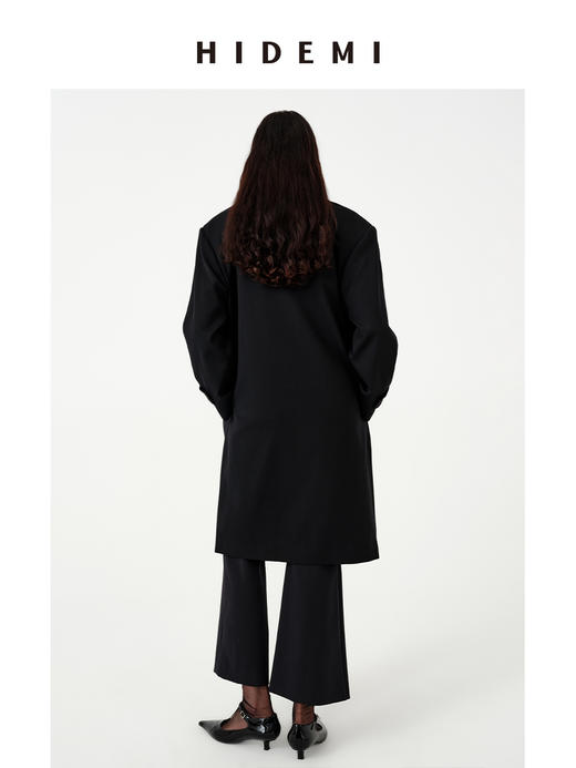HIDEMI 甄选斜纹精纺高克重全羊毛复古廓形极简翻领式长款西装风衣 商品图5