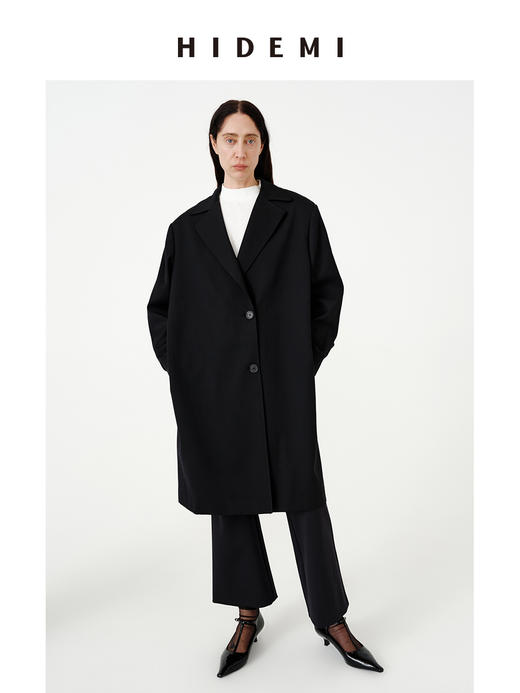 HIDEMI 甄选斜纹精纺高克重全羊毛复古廓形极简翻领式长款西装风衣 商品图0
