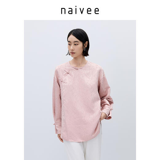 naivee纳薇新中式高智国风提花斜襟侧开衩宽松长袖秋冬衬衫上衣女237140436 商品图3
