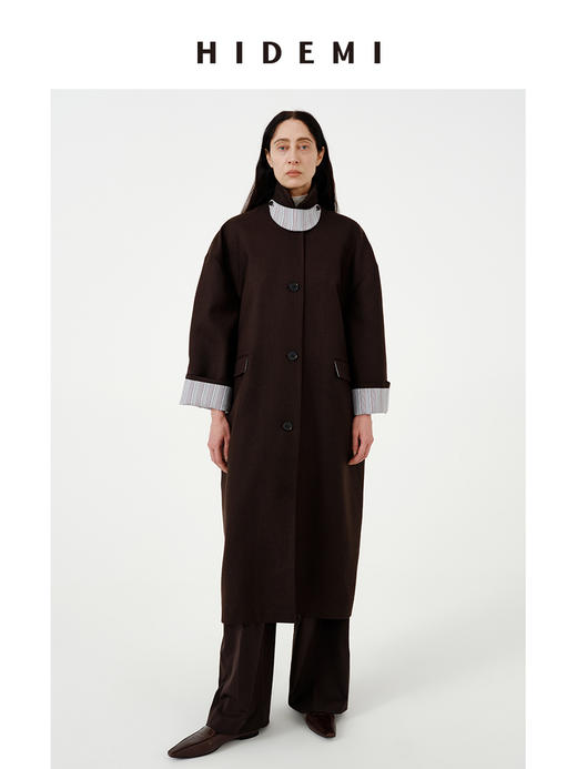 HIDEMI 经典复古廓形设计感羊毛条纹翻边飘领设计感长款风衣外套 商品图3