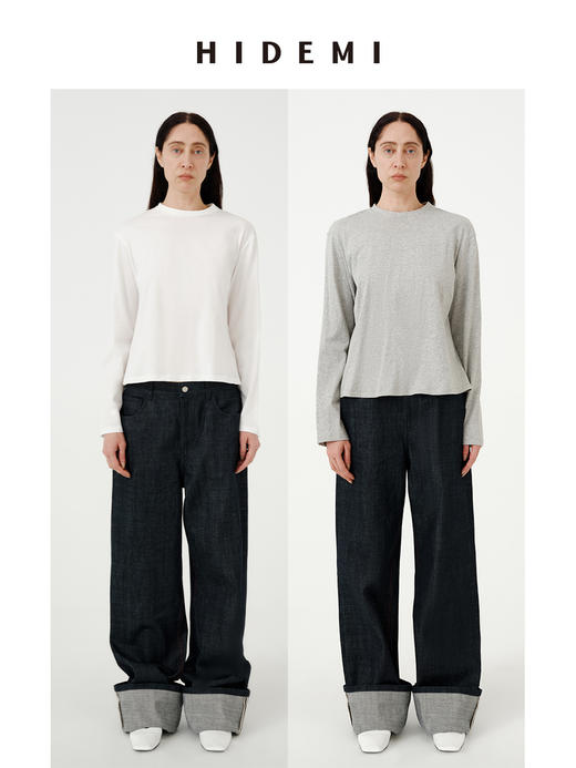 HIDEMI 自然纯棉织标系列圆领透气舒适长袖t恤 商品图3