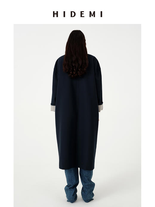 HIDEMI 经典复古廓形设计感羊毛条纹翻边飘领设计感长款风衣外套 商品图7