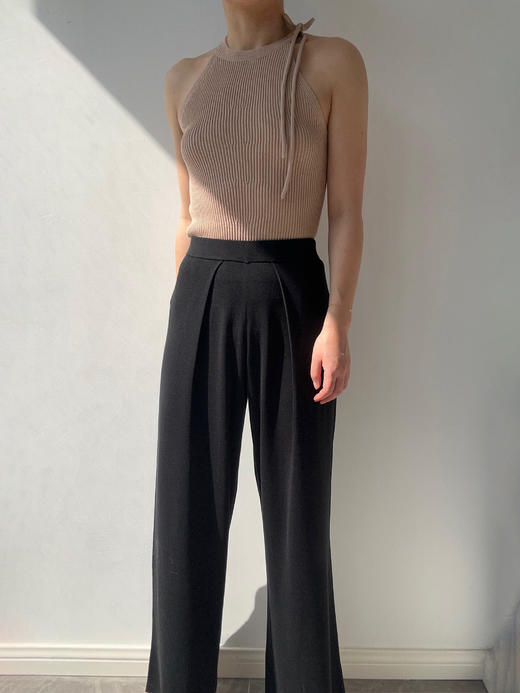 ZAANLI｜ZN40006 雾黑色 桑蚕丝垂感前褶针织阔腿裤 商品图2