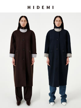 HIDEMI 经典复古廓形设计感羊毛条纹翻边飘领设计感长款风衣外套