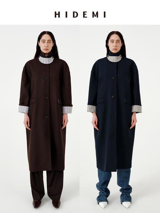HIDEMI 经典复古廓形设计感羊毛条纹翻边飘领设计感长款风衣外套 商品图0