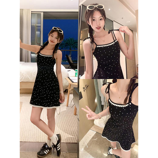 <曾小咸推荐>甜系气质黑底白波点吊带连衣裙 商品图1