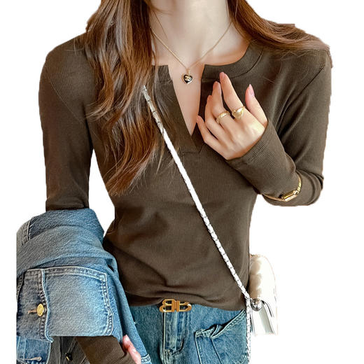 V领螺纹长袖上衣女可外穿早春秋季高级设计感内搭打底衫正肩Tt恤 商品图4