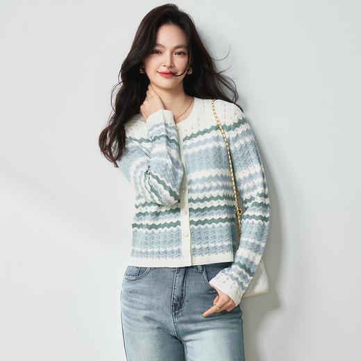 【高货sh】全新升级【铂金会员220/天猫289/差价69】(11840) 洛诗琳25春夏水波纹撞色纹针织拼色镂空时尚温柔针织开衫 商品图3