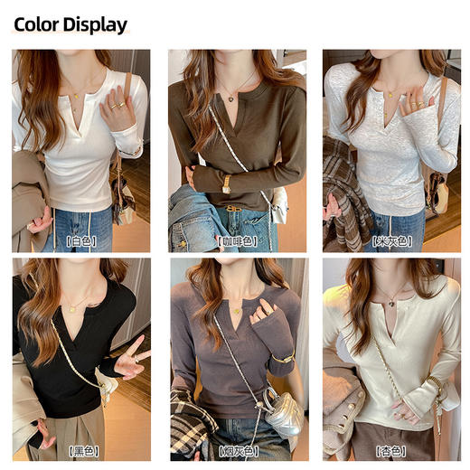 V领螺纹长袖上衣女可外穿早春秋季高级设计感内搭打底衫正肩Tt恤 商品图1