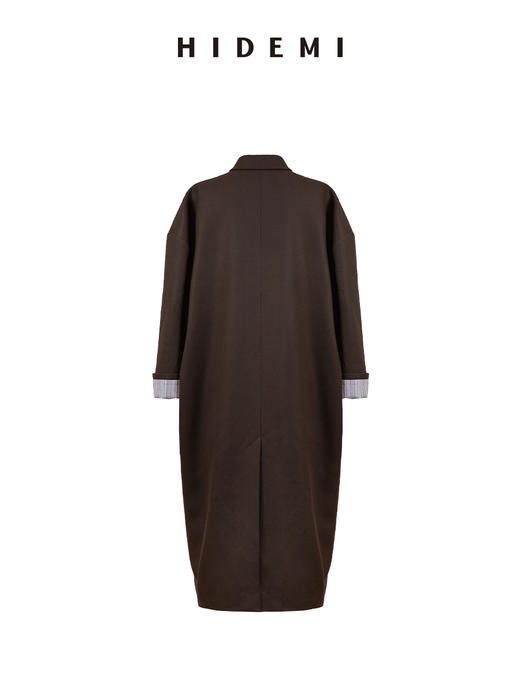 HIDEMI 经典复古廓形设计感羊毛条纹翻边飘领设计感长款风衣外套 商品图10