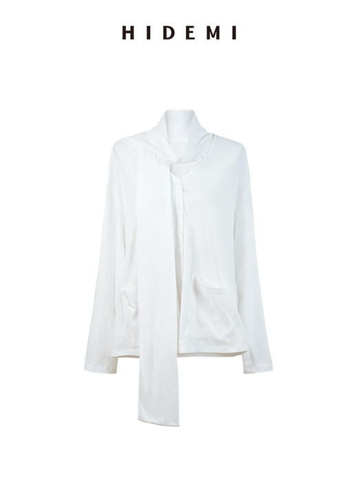 HIDEMI甄选进口纯棉纱线极简围巾T恤设计感V领口袋长袖纽扣衬衫女 商品图13