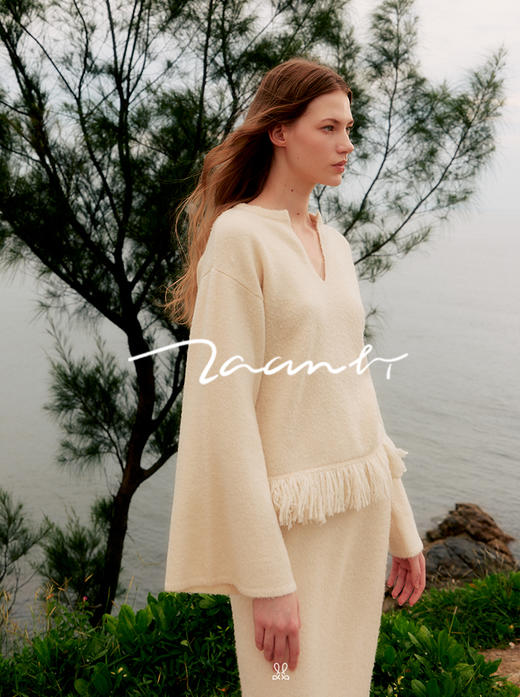 ZAANLI｜ZN10019 羊毛白 羽毛感羊毛花式纱流苏喇叭袖针织上衣 商品图11