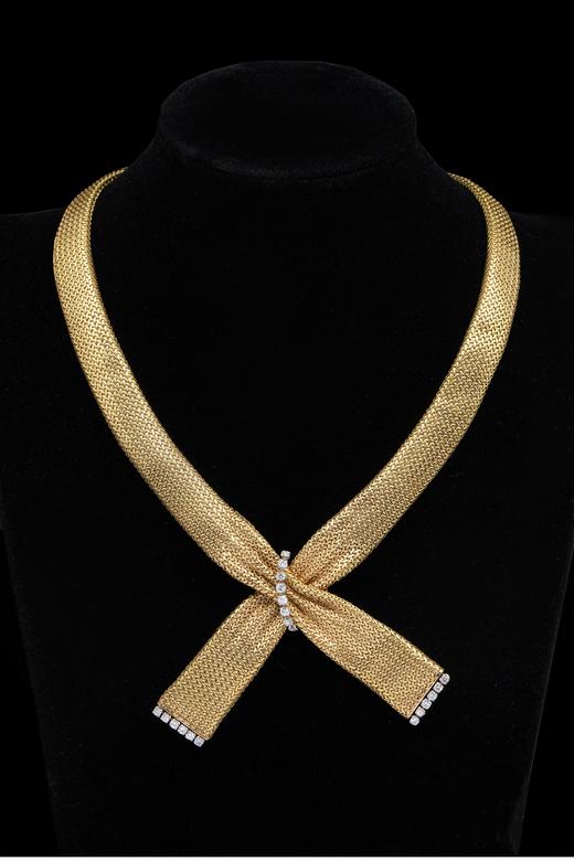 独角鹿西洋古董 1960年代法国出品18K黄金及铂金镶嵌钻石编织纹理缎带造型项链 商品图0