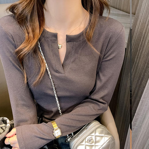 V领螺纹长袖上衣女可外穿早春秋季高级设计感内搭打底衫正肩Tt恤 商品图0