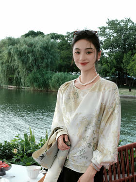 盛唐牡丹 |竹林亭台真丝上衣
