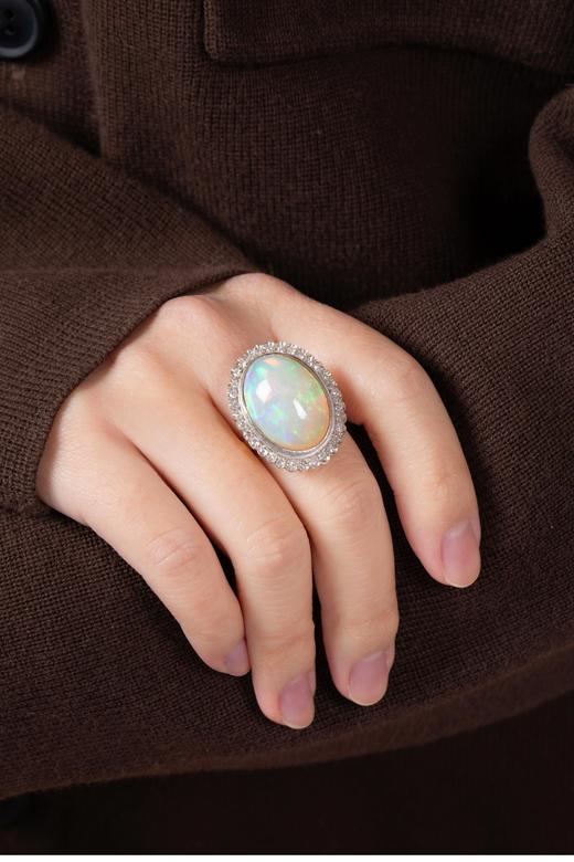 独角鹿西洋古董 1950年代法国出品18K黄金镶嵌欧泊石及钻石戒指 商品图1