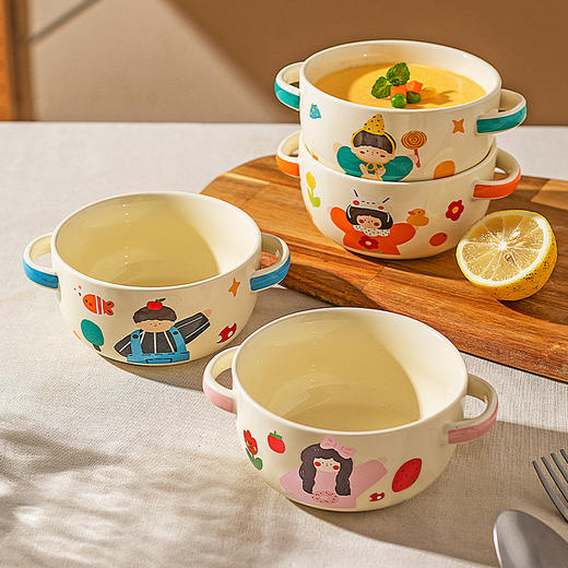摩登主妇一家三口双耳蒸蛋碗家用陶瓷碗具儿童饭碗宝宝辅食碗汤碗 商品图0