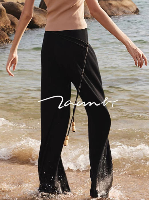 ZAANLI｜ZN40006 雾黑色 桑蚕丝垂感前褶针织阔腿裤 商品图1