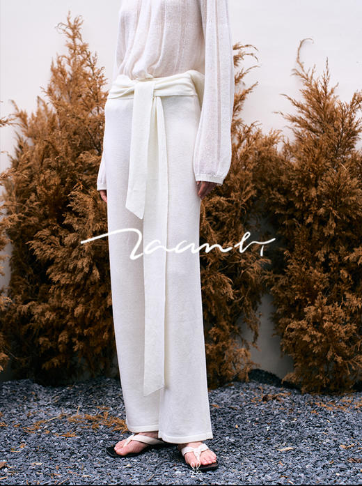 ZAANLI｜ZN40007 既白色 飘带羊绒羊毛针织长裤 商品图3