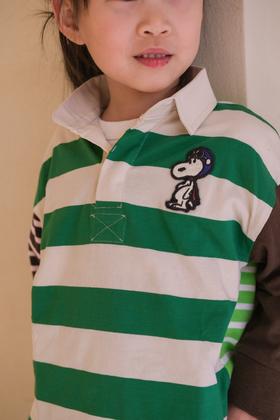 现货2025春季儿童DD日系史奴狗刺绣撞色宽条纹拼色polo长袖T恤！