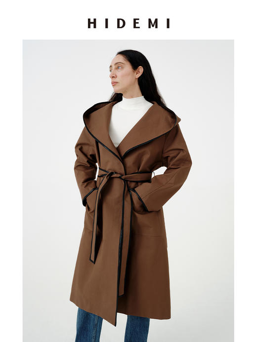 HIDEMI极简复古包皮边连帽腰带式长款风衣 商品图3