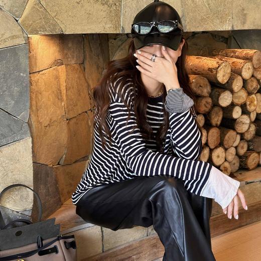 顺丰包邮洛诗琳法式优雅设计感复古撞色天丝羊毛条纹宽松长袖T恤10574 商品图3