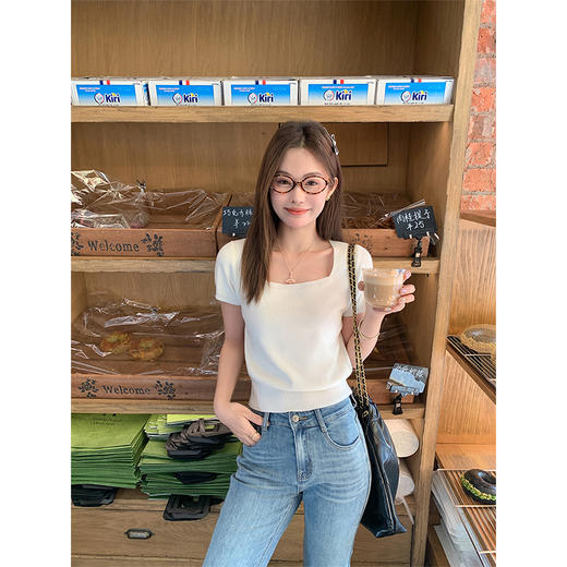 <曾小咸推荐>韩系简约方领短袖针织衫T恤 商品图3