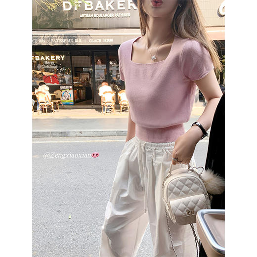 <曾小咸推荐>韩系简约方领短袖针织衫T恤 商品图2