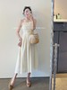 小白裙  竖纹肌理纯棉质感打揽包裹显瘦法式花边吊带连衣裙 米白色 商品缩略图0