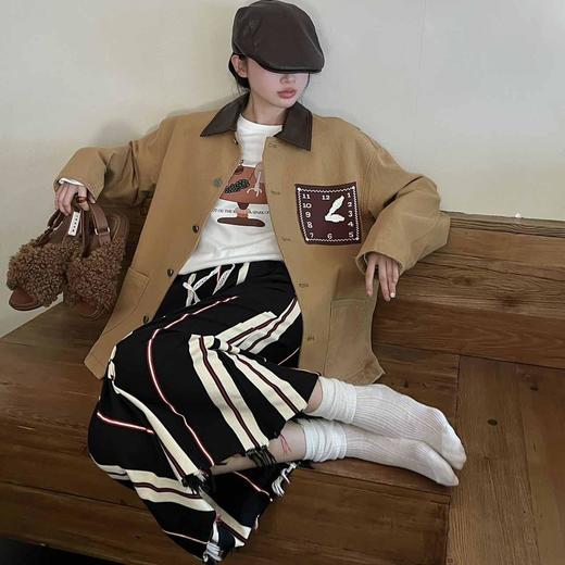 顺丰包邮洛诗琳35518港味复古姜黄撞色Polo领长袖休闲外套542 商品图1