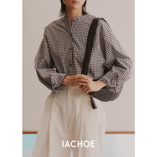 棉仓3561504013-IACHOE圆领黑白小众格子衬衫 商品图0