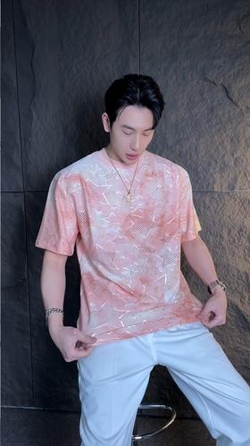 T1610夏季新款时尚星星印花男士短袖百搭镂空设计上衣潮流宽松T恤