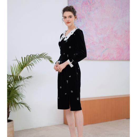 司歌金丝绒刺绣连衣裙长袖弹力收腰秋冬A901008X 商品图1