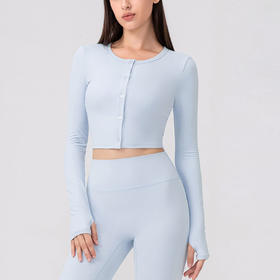 跃牌【欲动春风】系列 莱卡长袖纽扣开衫亲肤高弹紧身运动t恤跑步健身上衣24369