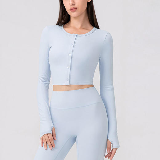 跃牌【欲动春风】系列 莱卡长袖纽扣开衫亲肤高弹紧身运动t恤跑步健身上衣24369 商品图0